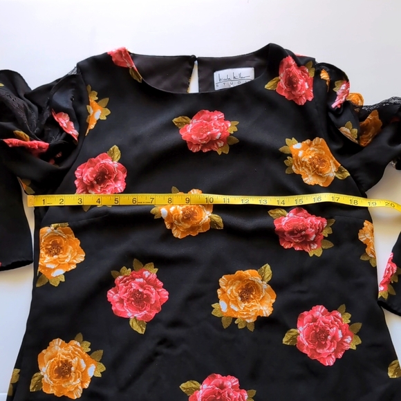 Nicole Miller Studio Women's Black Red Orange Floral Ruffle Long Sleeve Dress - Picture 12 of 16